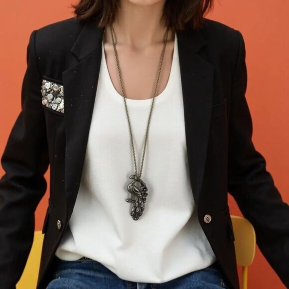 Peacock Pendant Necklace Antique Silver Tone Adjustable Length - Picture 3 of 3